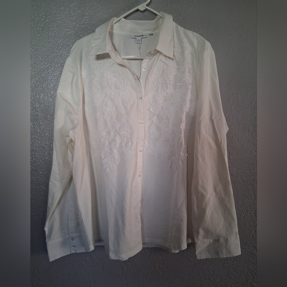 Chico's NWT Lace App Knit Shirting Alabaster Cotton Blend Button Down 4/XXL